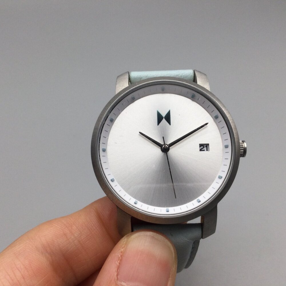 MVMT Watch Women 38mm Silver Tone Blue Leather Band New Battery